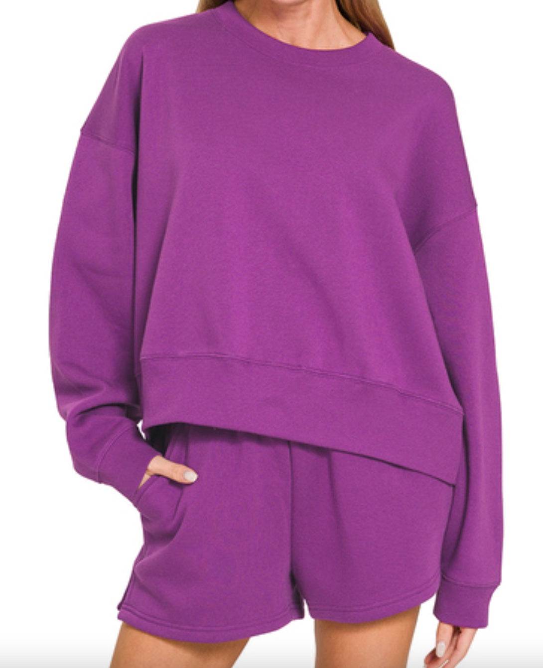 Zenana Fleece Round Neck Pullover & Shorts Set