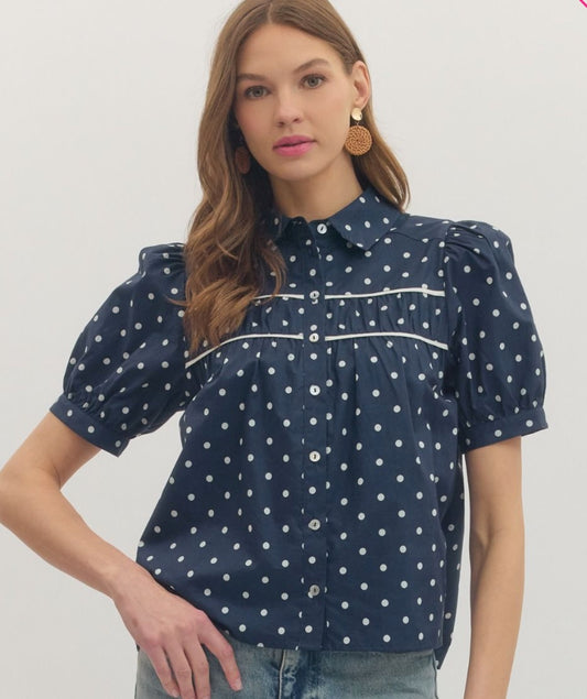 Entro Polka Dot Puff Short Sleeve Top Featuring Contrast Binding Yoke Detail.