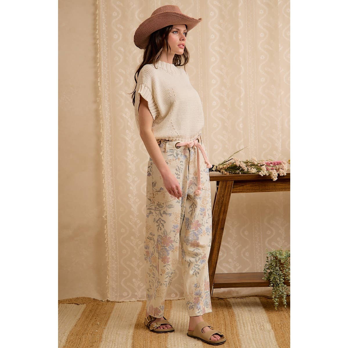 WOMEN VINTAGE WASHED FLORAL COTTON DRAWSTRING PANTS