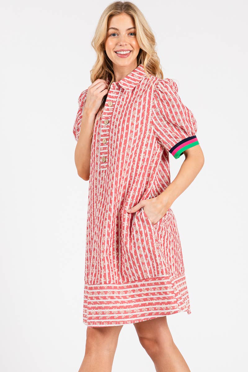 STRIPED FLORAL COLLARED PUFF SLEEVE DRESS