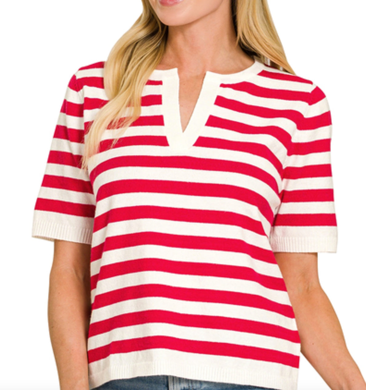 Zenana Split Neck Stripe Short Sleeve Sweater