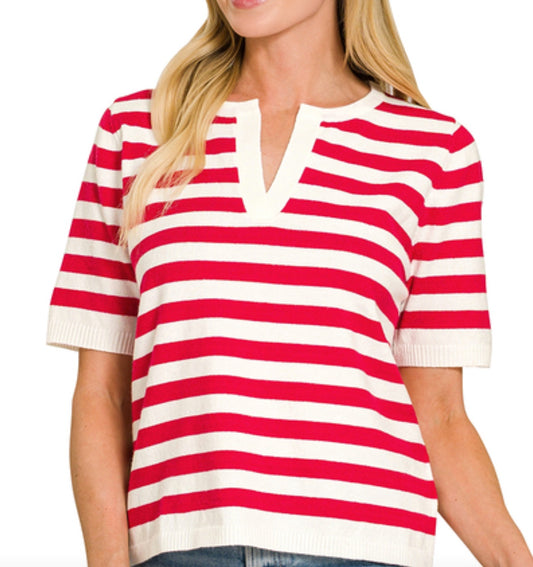 Zenana Split Neck Stripe Short Sleeve Sweater