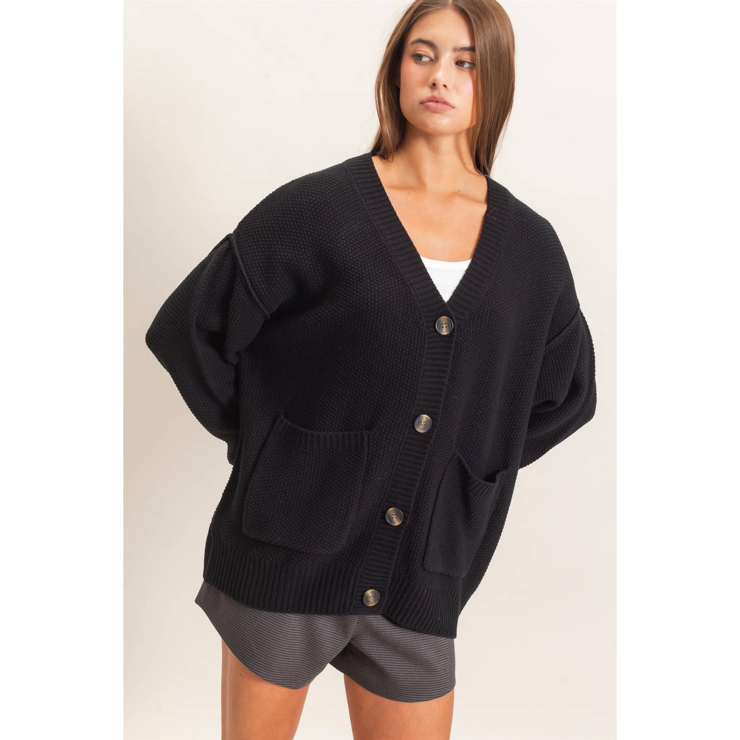 Textured Oversized Knit Buttoned Cardigan