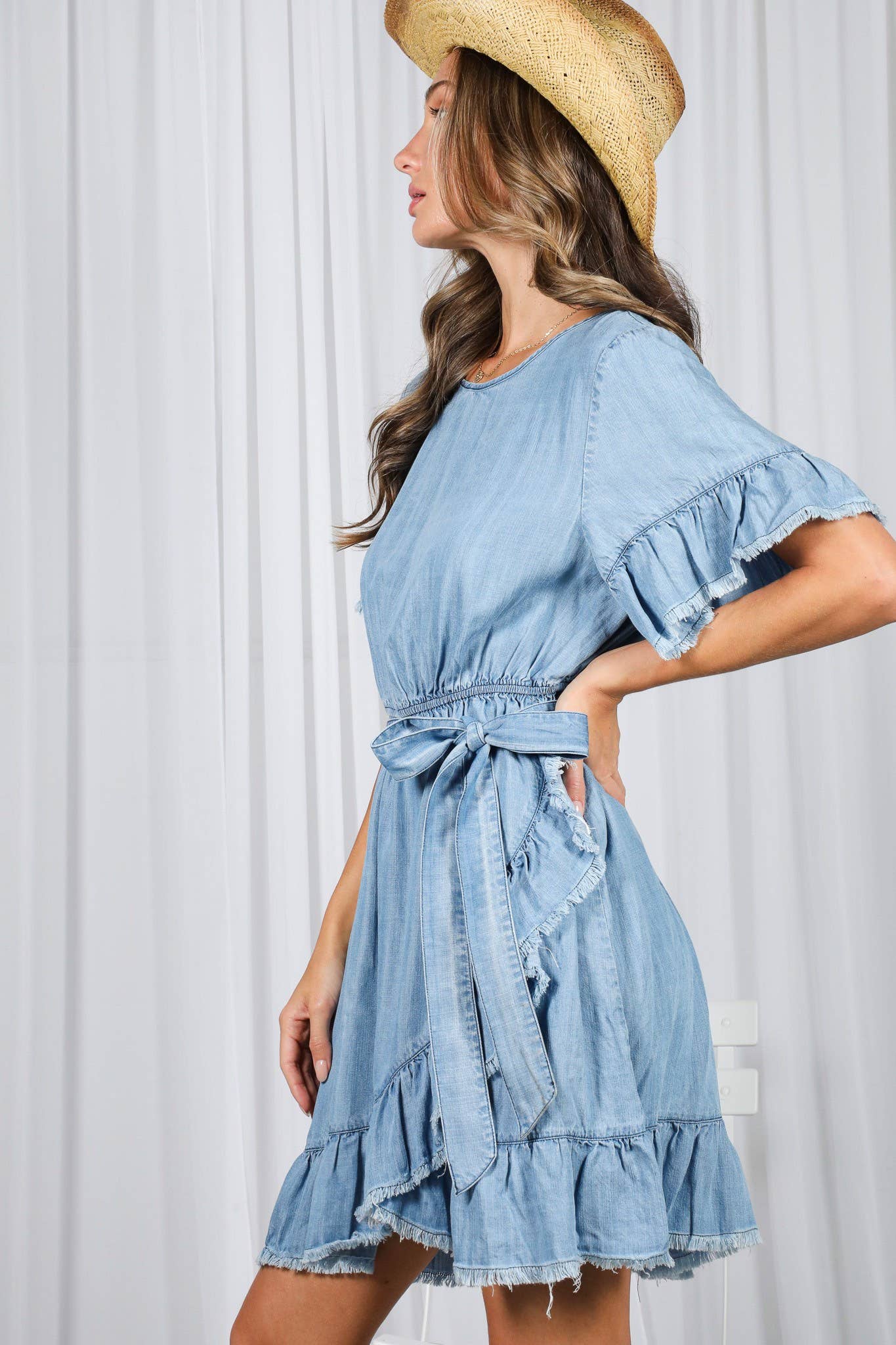 Ruffle Frayed Hem 100%Tencel Chambray Wrap Dress