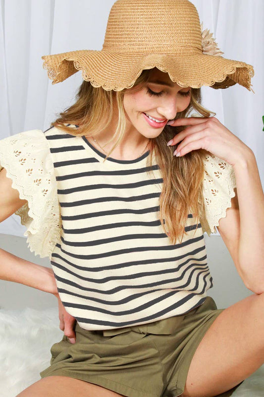 Lace Flutter Sleeve Striped Cotton Rib Knit Top