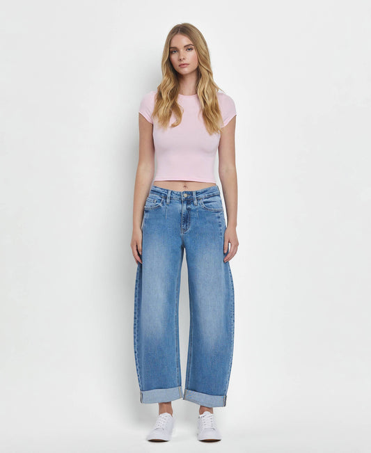 SUPER HIGH RISE DOUBLE CUFFED BARREL JEANS V3598