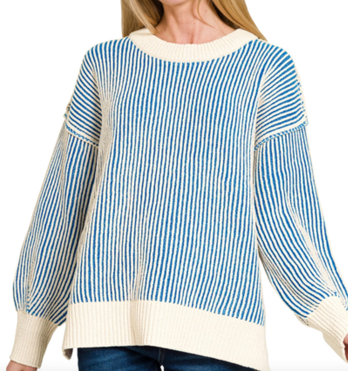 Zenana Two-tone crewneck Sweater in Ocean Blue