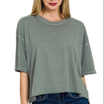 Zenana Pigment dye & enzyme washed oversized crop box tee in Ash Jade