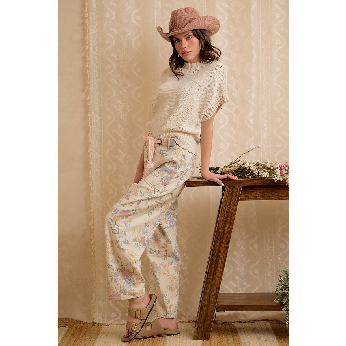 WOMEN VINTAGE WASHED FLORAL COTTON DRAWSTRING PANTS