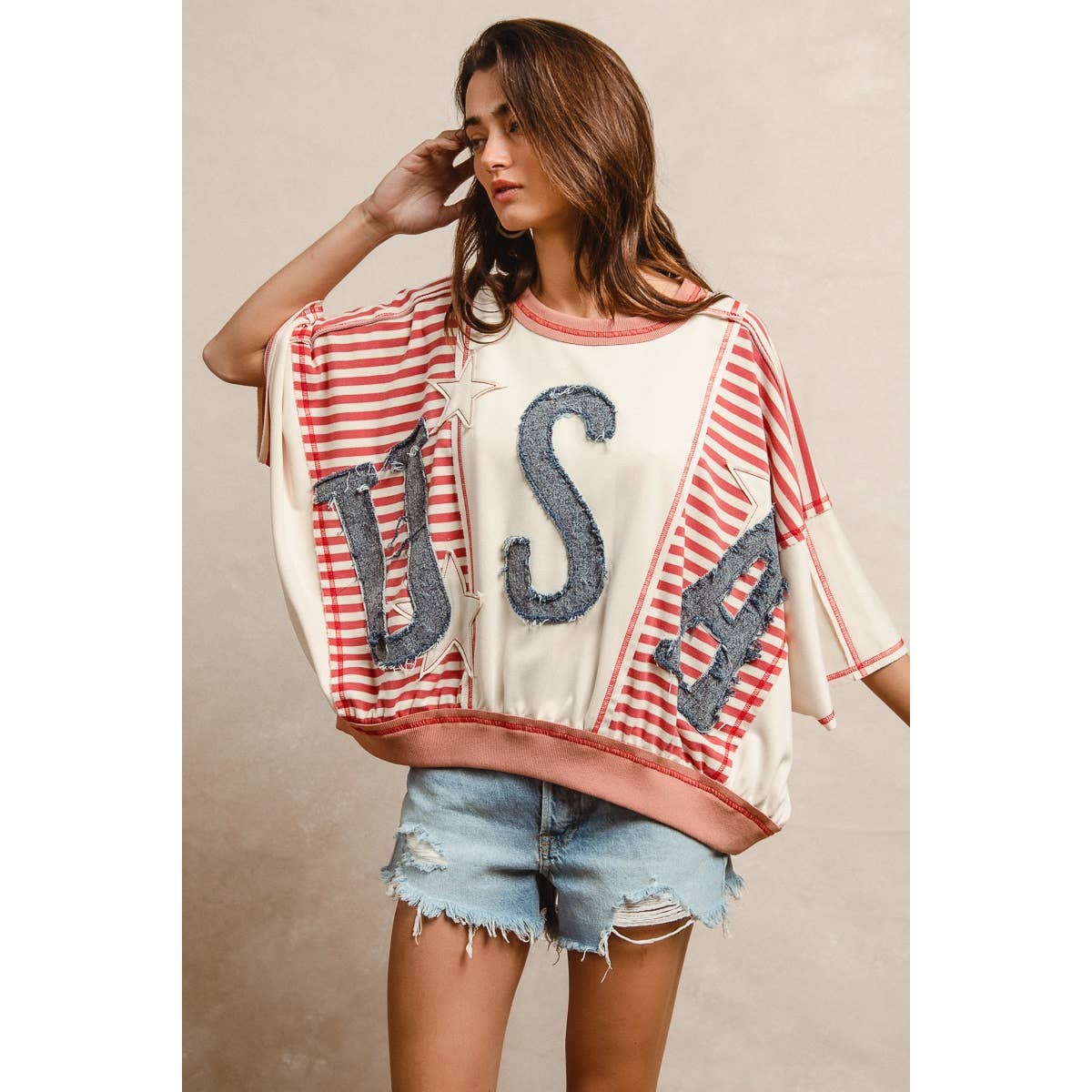 WASHED DENIM USA PATCHWORK STRIPES MIX TOP