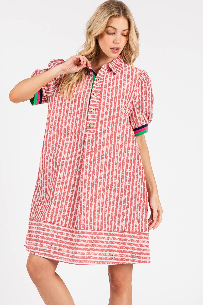 STRIPED FLORAL COLLARED PUFF SLEEVE DRESS