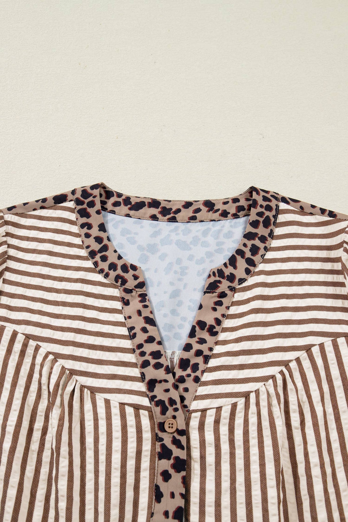 Leopard Trim Button Down Stripe Half Sleeve Shirt (S-XL)
