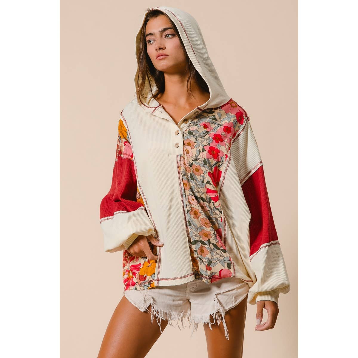 KNIT AND PRINT MIXED HOODIE TOP