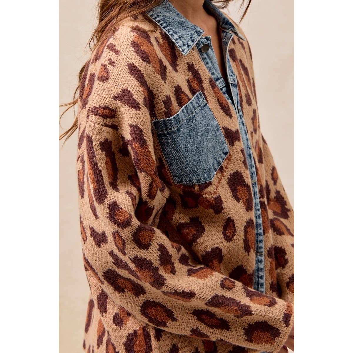 WASHED DENIM MIX AND MATCH LEOPARD SWEATER TOP
