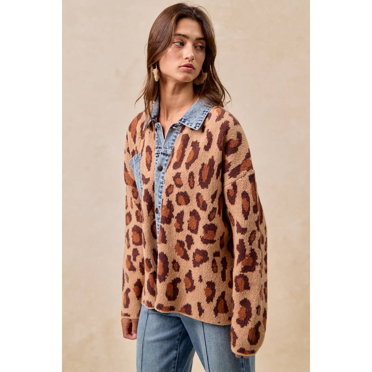 WASHED DENIM MIX AND MATCH LEOPARD SWEATER TOP