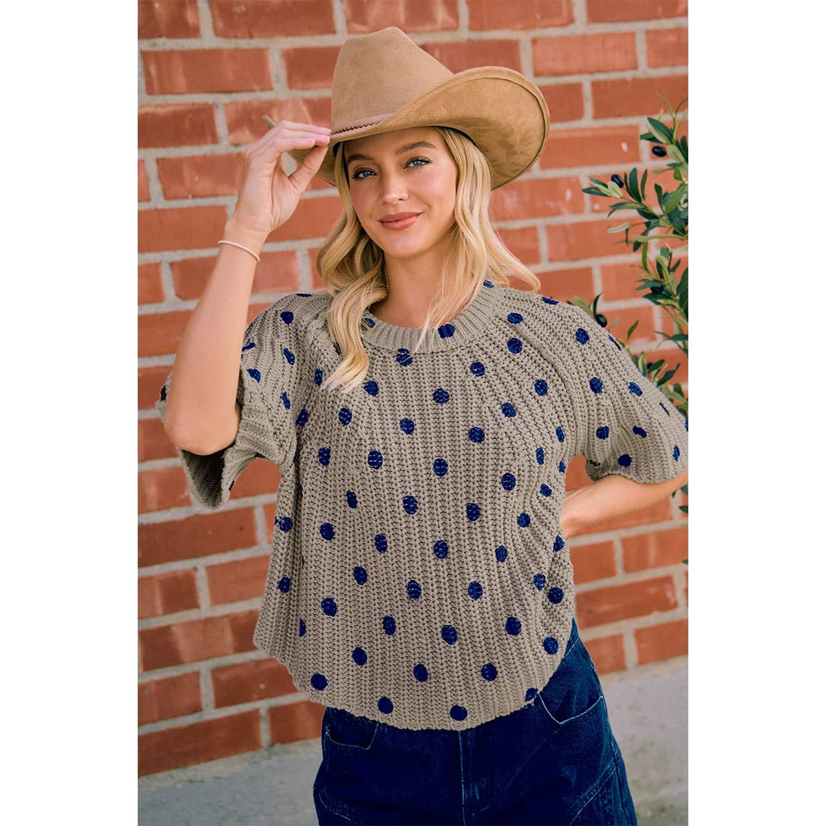 FLARED SLEEVES POLKA DOTS PRINTED CHUNKY SWEATER TOP