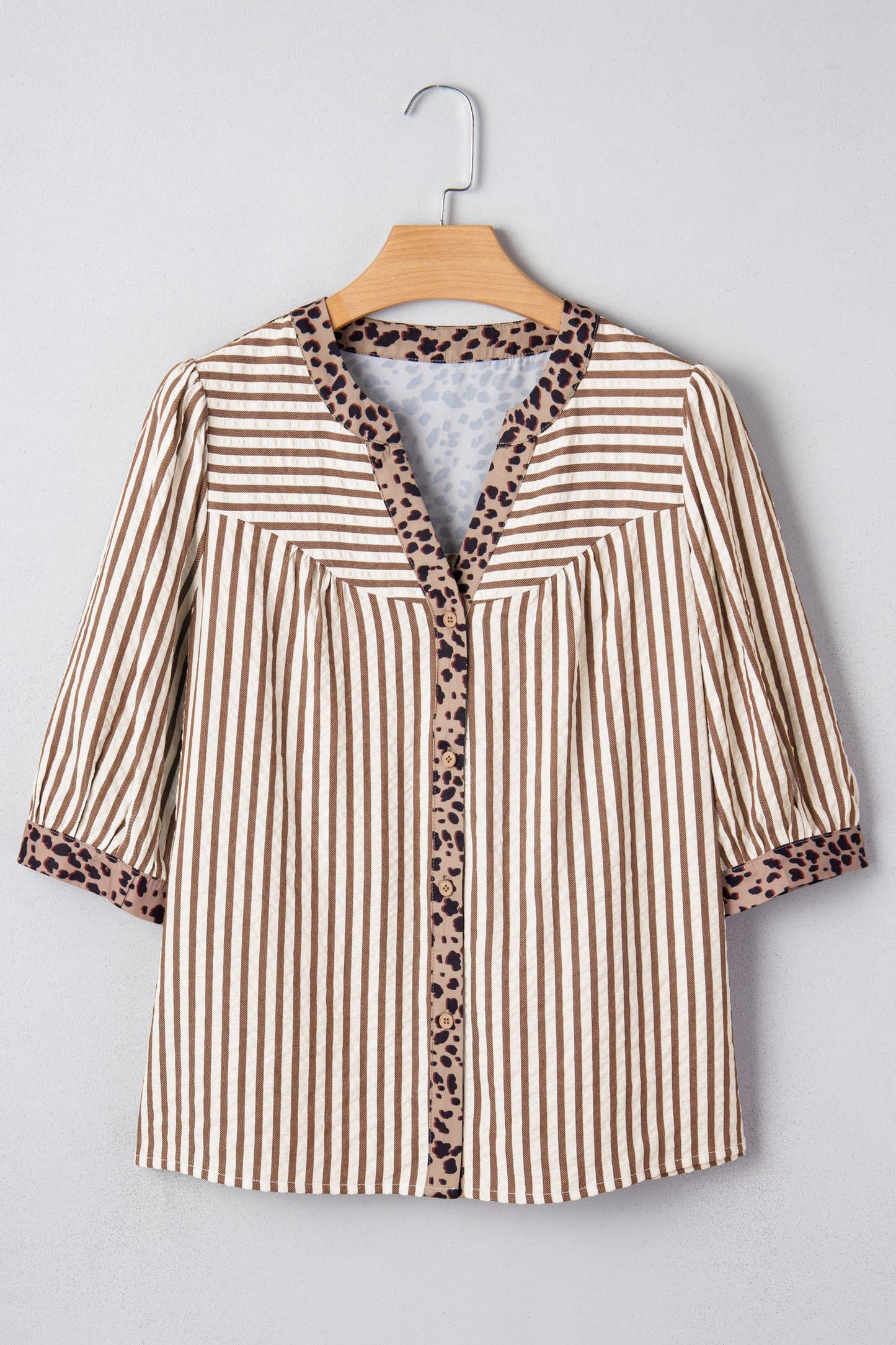 Leopard Trim Button Down Stripe Half Sleeve Shirt (S-XL)