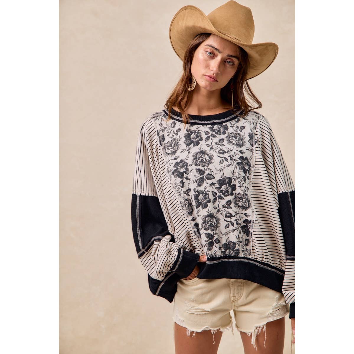 BiBi ROSE TWILL AND STRIPE MIX AND MATCH TOP