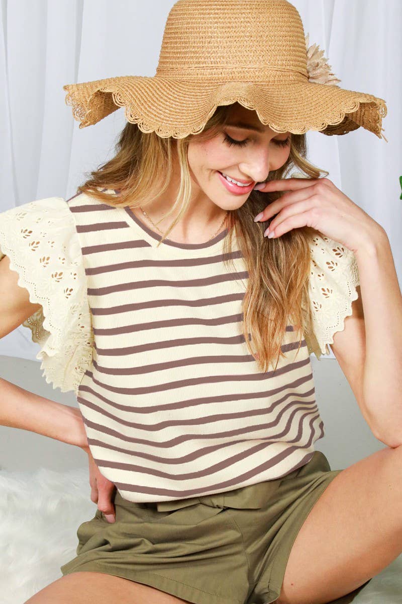Lace Flutter Sleeve Striped Cotton Rib Knit Top VT82278