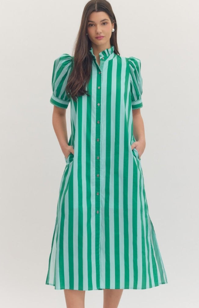 Entro Stripe Print Short Puff Sleeve Midid Dress Ruffled Mock Neckline Green