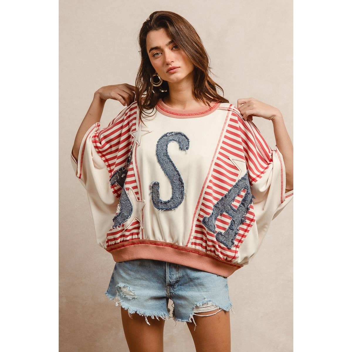 WASHED DENIM USA PATCHWORK STRIPES MIX TOP