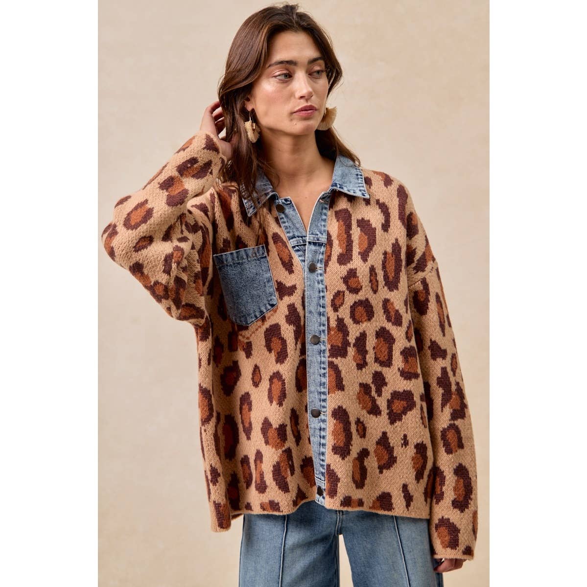 WASHED DENIM MIX AND MATCH LEOPARD SWEATER TOP