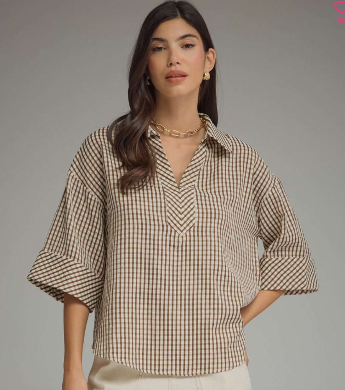 Entro Gingham 3/4 Sleeve Top Featuring V-neck collar detail