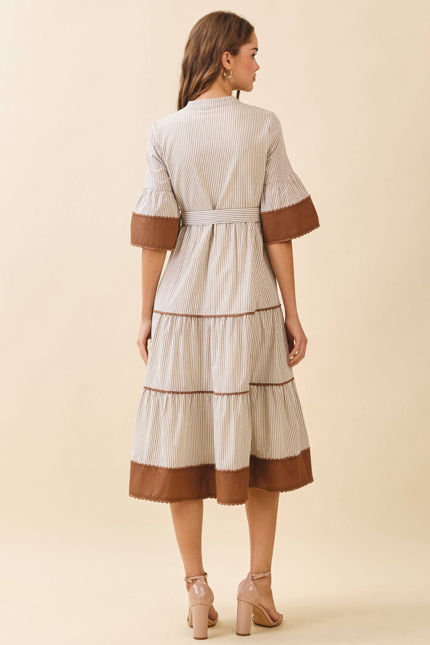 CD06192-Striped Split Neck Contrast Trim Detail Midi Dress