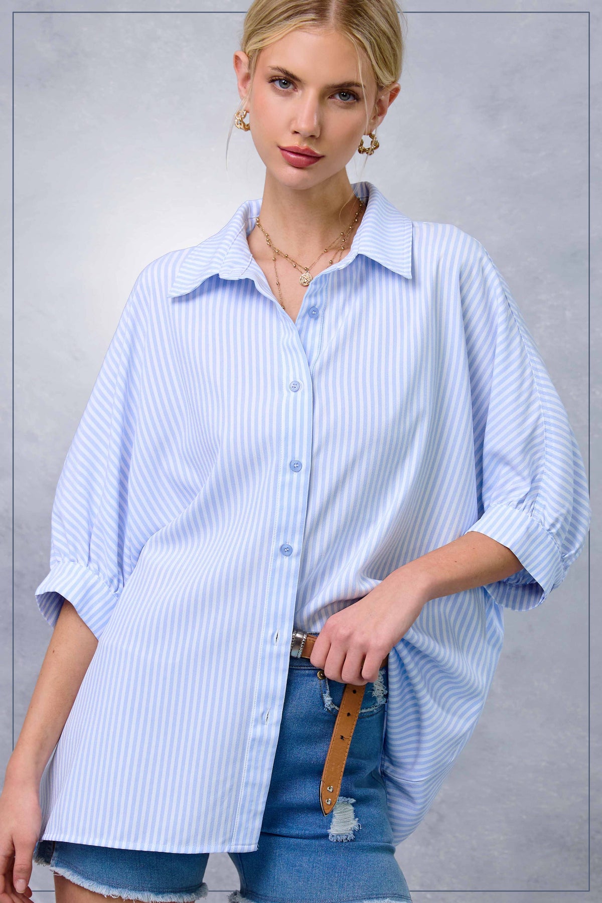La Miel Relaxed Striped 3/4 Sleeve Button Down Shirt Fall