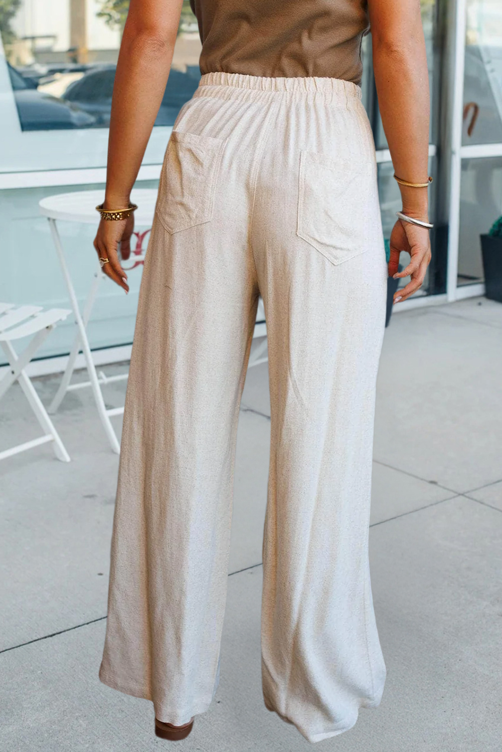 Elastic Waist Button Pleated Detail Wide Leg Pants (S-XL)