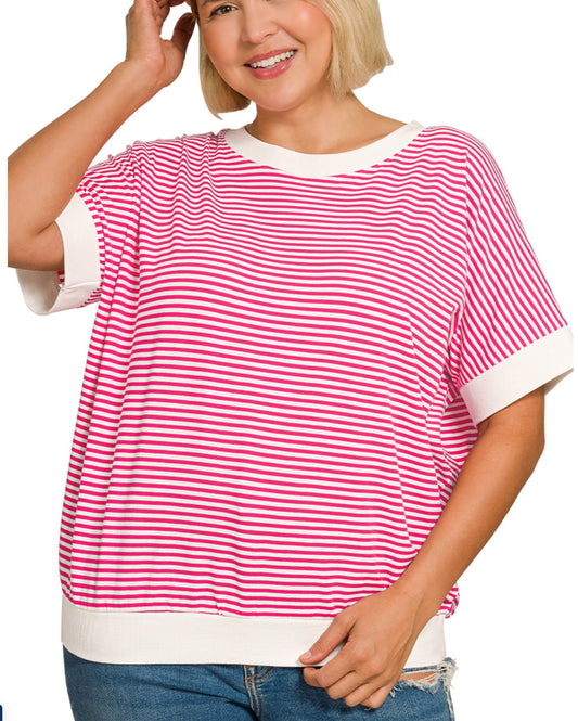 Plus stripe contrast trim rib banded top in Pink