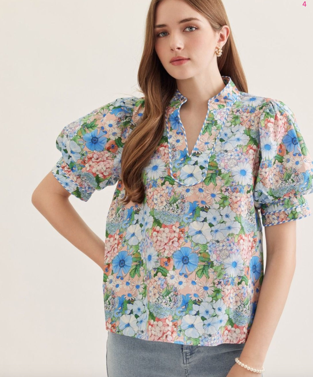 Entro Floral Short Puff Sleeve Top Featuring Split Neck With Contrast Binding