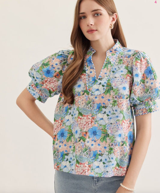 Entro Floral Short Puff Sleeve Top Featuring Split Neck With Contrast Binding