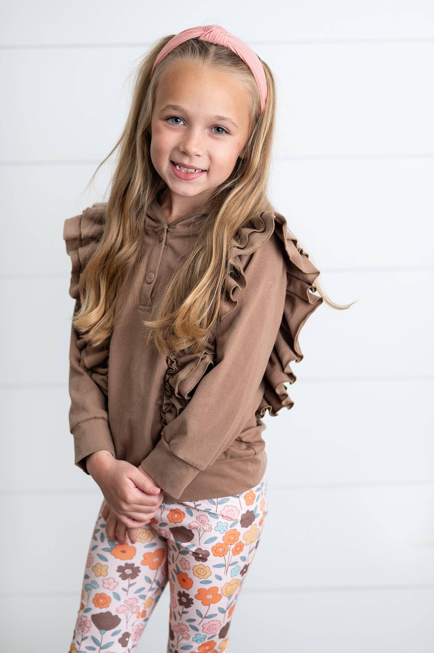 Kids Chocolate Ruffle Hoodie & Floral Fall Pant Set
