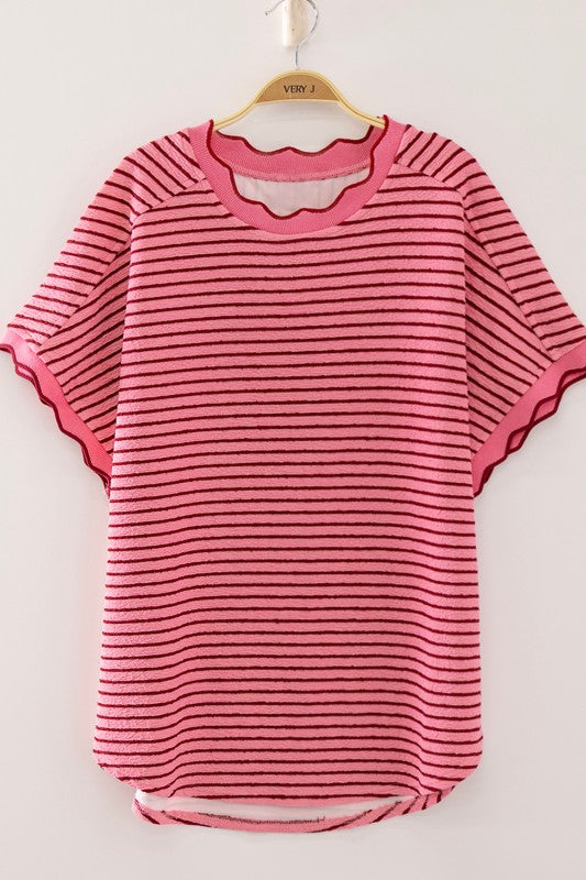 Very J Scallop Trim Stripe Knit Top