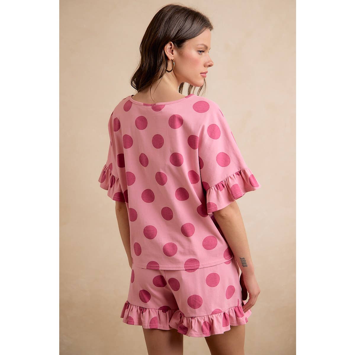 BiBi POLKA DOTS PRINTED RUFFLED DETAIL TOP AND SHORTS SET