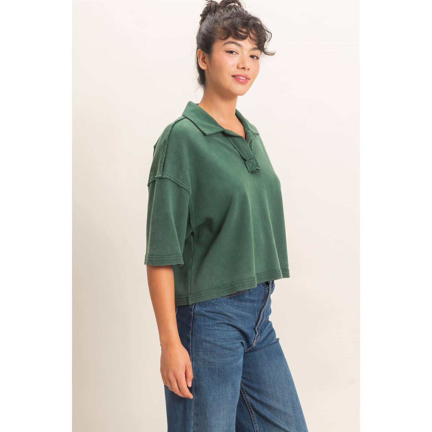Double Zero Mineral Wash Oversized Collar Short Sleeve Top