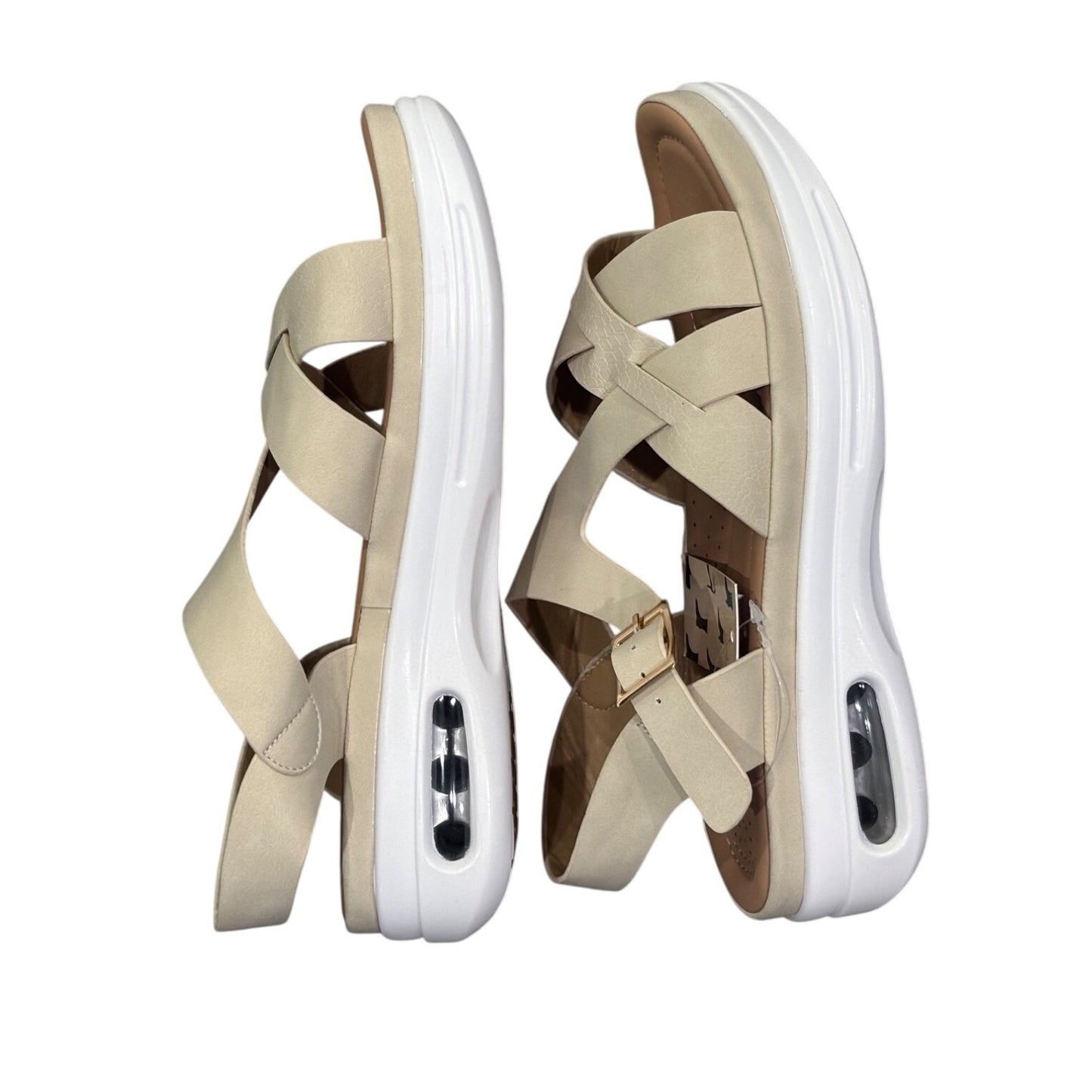 Mysoft NWT Womens comfy walking Beige Strappy Sandals With Buckle Closure & Air Cushion Sole Size 7.5 US