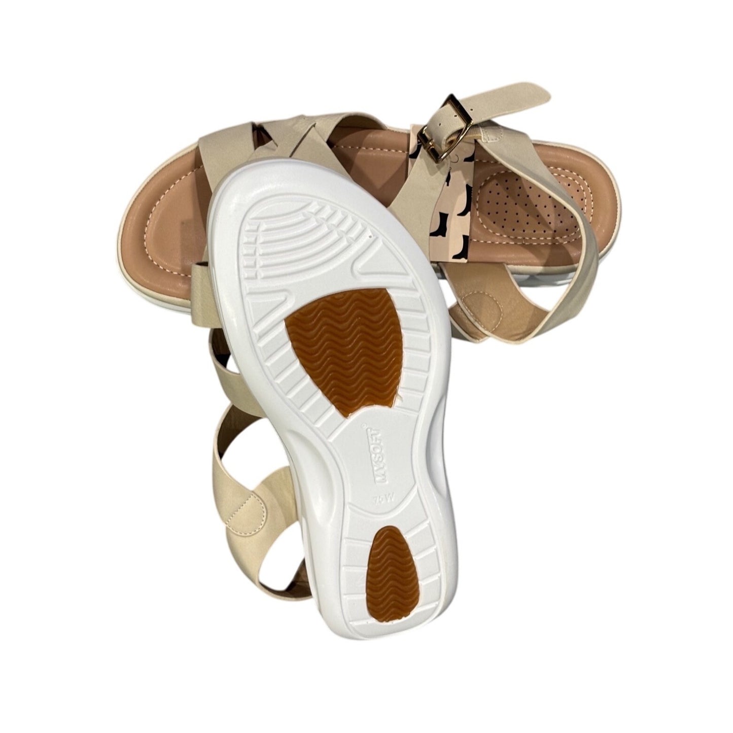 Mysoft NWT Womens comfy walking Beige Strappy Sandals With Buckle Closure & Air Cushion Sole Size 7.5 US