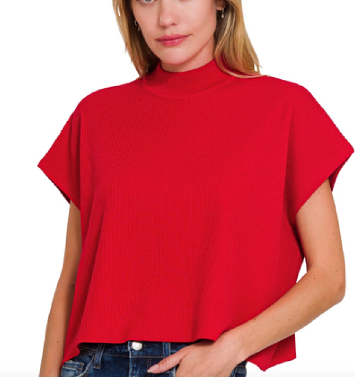 Zenana Viscose Mock Neck Short Sleeve Boxy Sweater