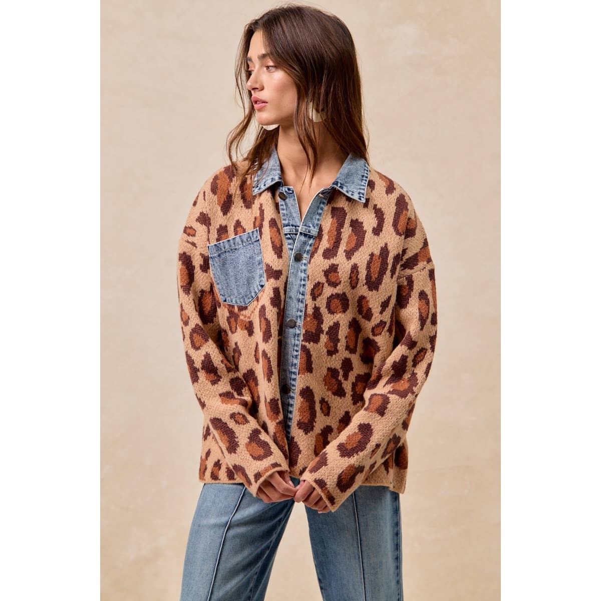 WASHED DENIM MIX AND MATCH LEOPARD SWEATER TOP