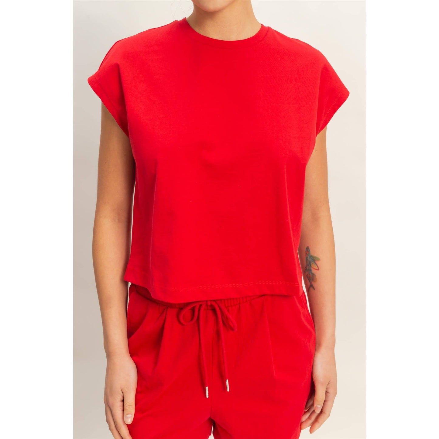 Double Zero Cap Sleeve Boxy Top And Shorts Set Red