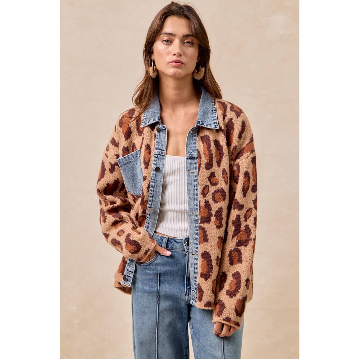 WASHED DENIM MIX AND MATCH LEOPARD SWEATER TOP