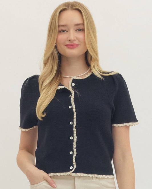 Entro Solid Short Sleeve Top Navy Featuring Lace Trim Sweater
