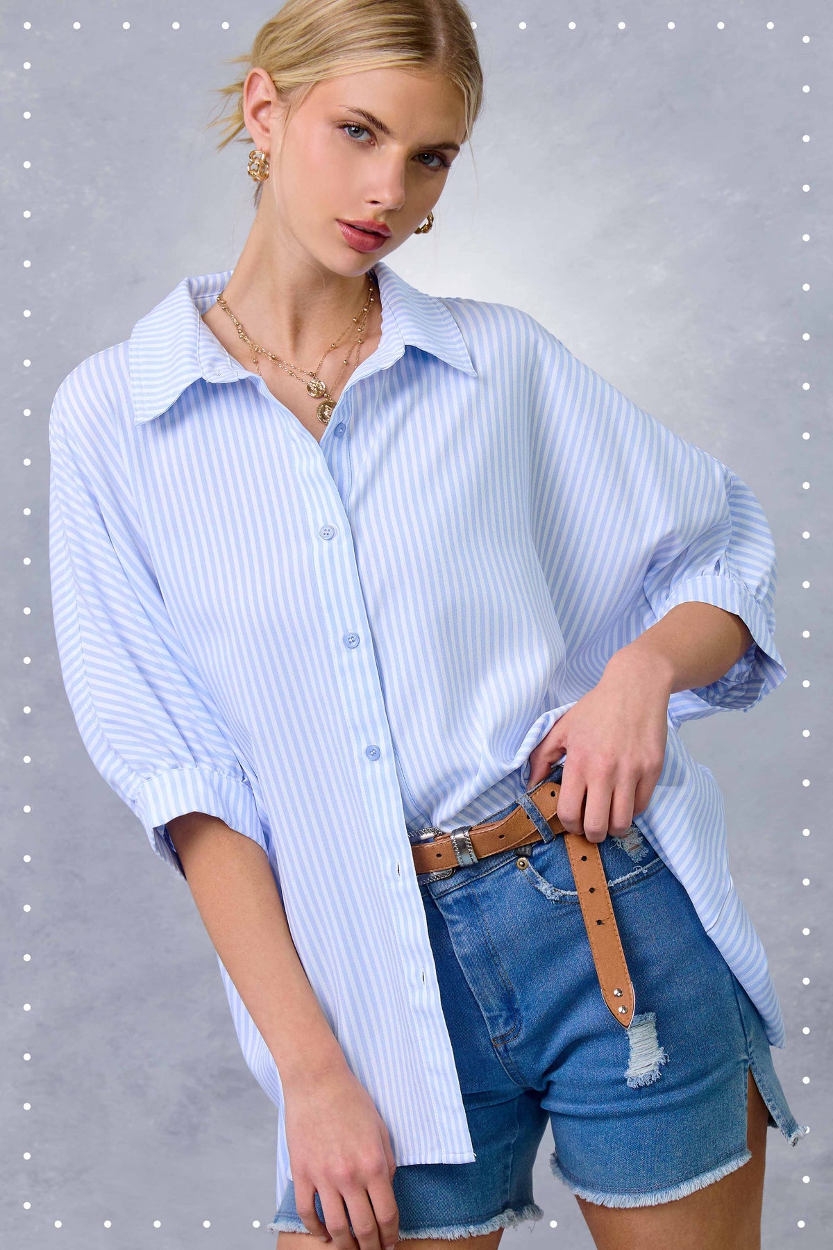 La Miel Relaxed Striped 3/4 Sleeve Button Down Shirt Fall