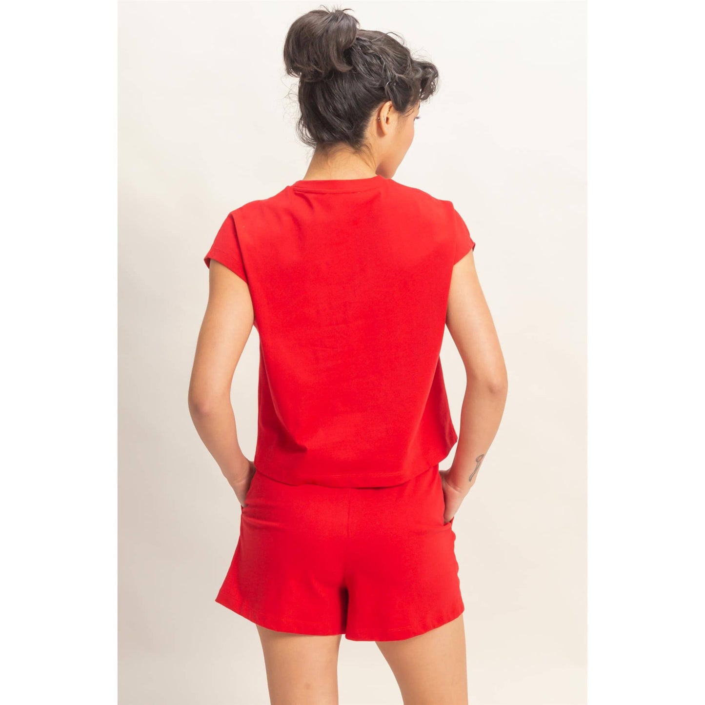 Double Zero Cap Sleeve Boxy Top And Shorts Set Red