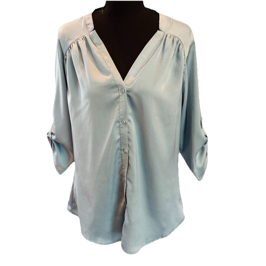 Light Blue Silky Blouse Size Large 3/4 Sleeves V Neck