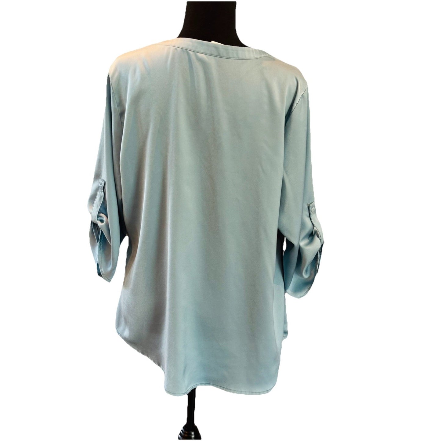 Light Blue Silky Blouse Size Large 3/4 Sleeves V Neck