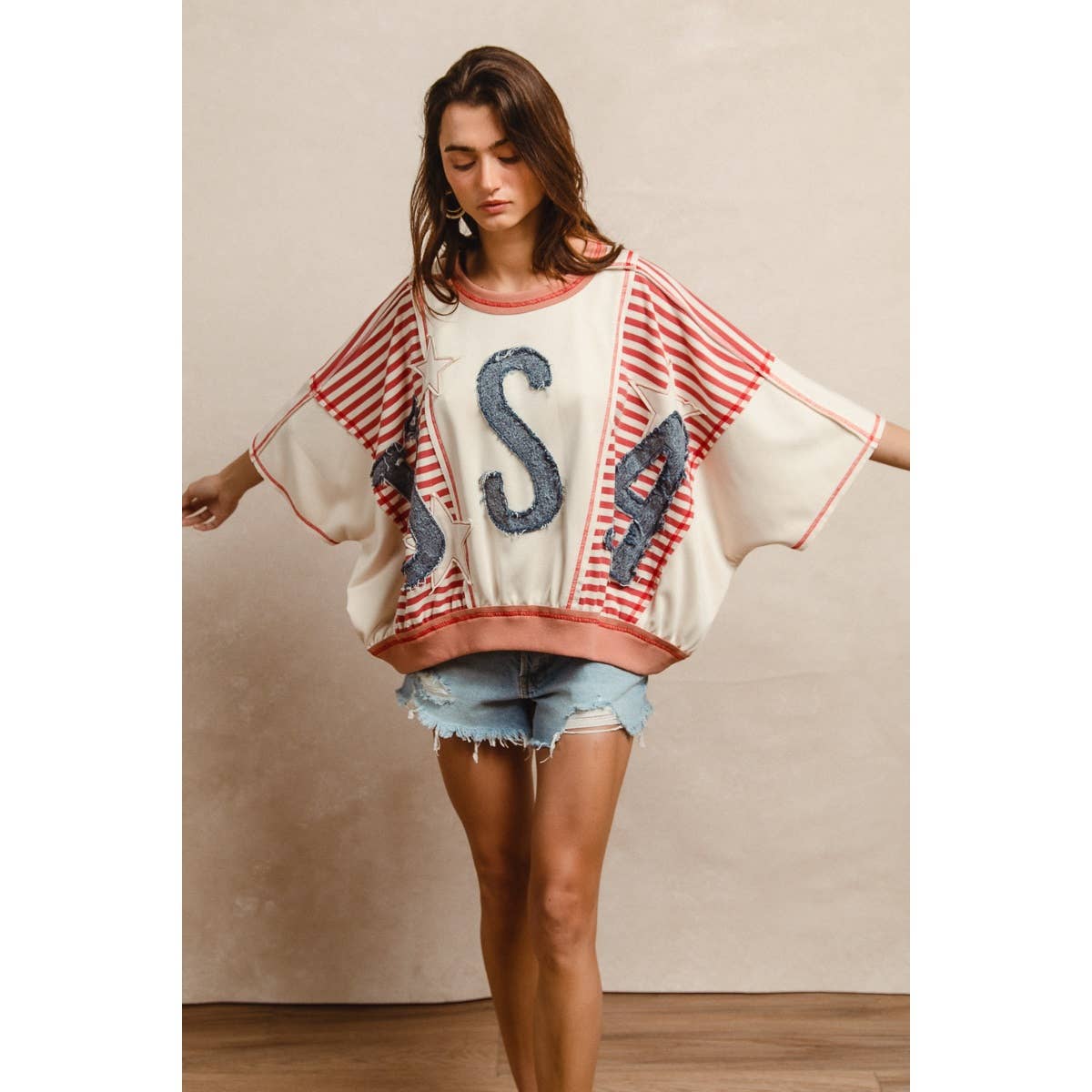 WASHED DENIM USA PATCHWORK STRIPES MIX TOP