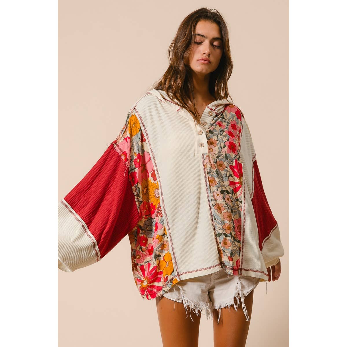 KNIT AND PRINT MIXED HOODIE TOP